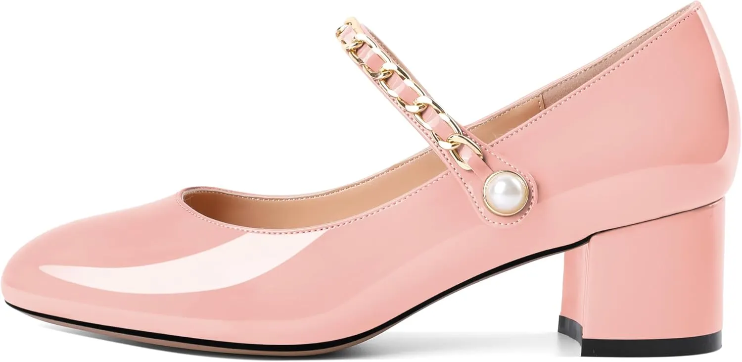 Soireelady Womens Mary Jane Shoes, Chunky Block Heel Pumps, Low Heel Round Closed Toe Heels Dress Shoes Comfort Fashion Wedding Patent 2 Inches