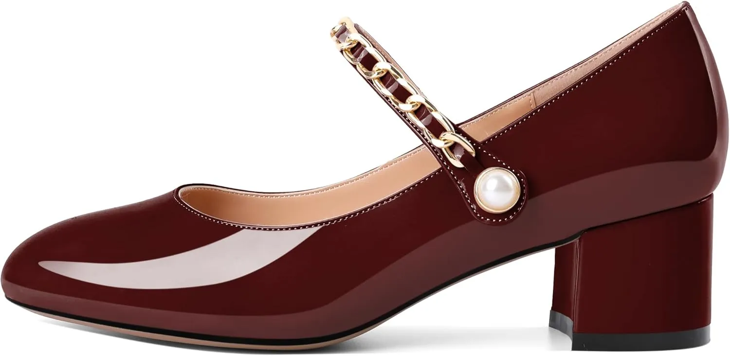 Soireelady Womens Mary Jane Shoes, Chunky Block Heel Pumps, Low Heel Round Closed Toe Heels Dress Shoes Comfort Fashion Wedding Patent 2 Inches