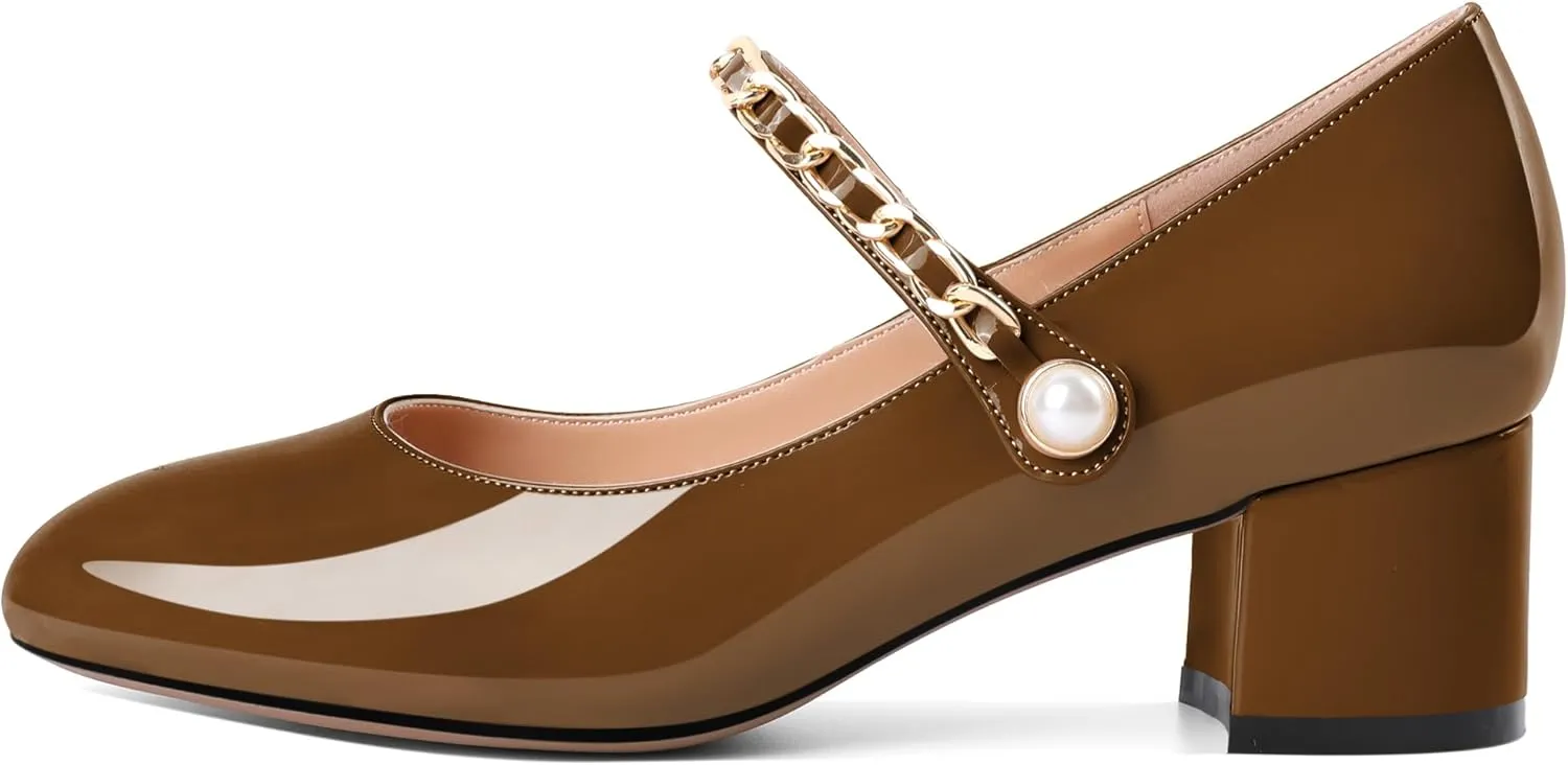 Soireelady Womens Mary Jane Shoes, Chunky Block Heel Pumps, Low Heel Round Closed Toe Heels Dress Shoes Comfort Fashion Wedding Patent 2 Inches