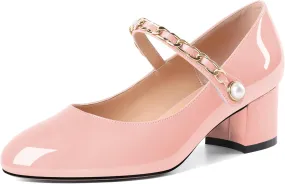 Soireelady Womens Mary Jane Shoes, Chunky Block Heel Pumps, Low Heel Round Closed Toe Heels Dress Shoes Comfort Fashion Wedding Patent 2 Inches