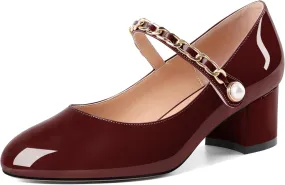 Soireelady Womens Mary Jane Shoes, Chunky Block Heel Pumps, Low Heel Round Closed Toe Heels Dress Shoes Comfort Fashion Wedding Patent 2 Inches