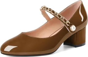 Soireelady Womens Mary Jane Shoes, Chunky Block Heel Pumps, Low Heel Round Closed Toe Heels Dress Shoes Comfort Fashion Wedding Patent 2 Inches