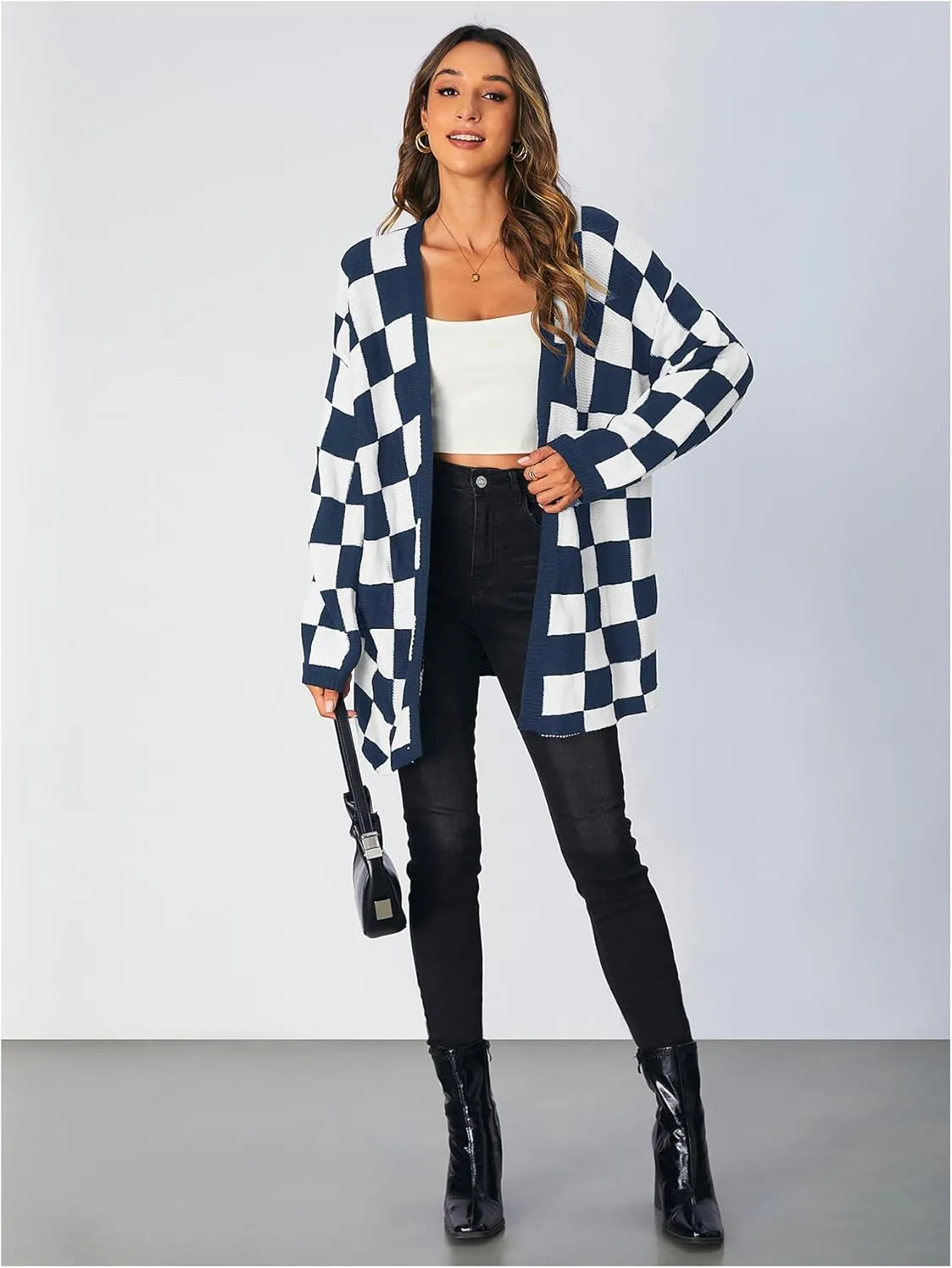 SOLY HUX Women's Long Sleeve Oversized Sweater Checkered Cardigan Open Front Outerwear Tops