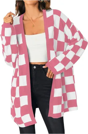 SOLY HUX Women's Long Sleeve Oversized Sweater Checkered Cardigan Open Front Outerwear Tops