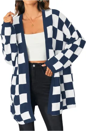 SOLY HUX Women's Long Sleeve Oversized Sweater Checkered Cardigan Open Front Outerwear Tops