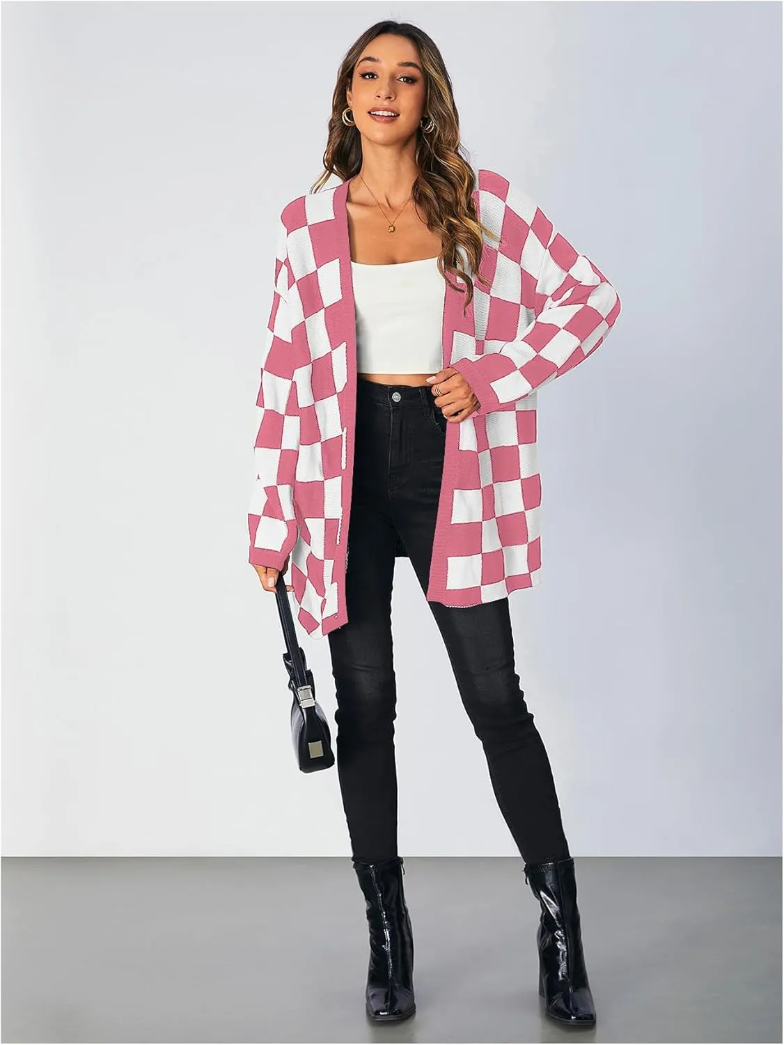 SOLY HUX Women's Long Sleeve Oversized Sweater Checkered Cardigan Open Front Outerwear Tops