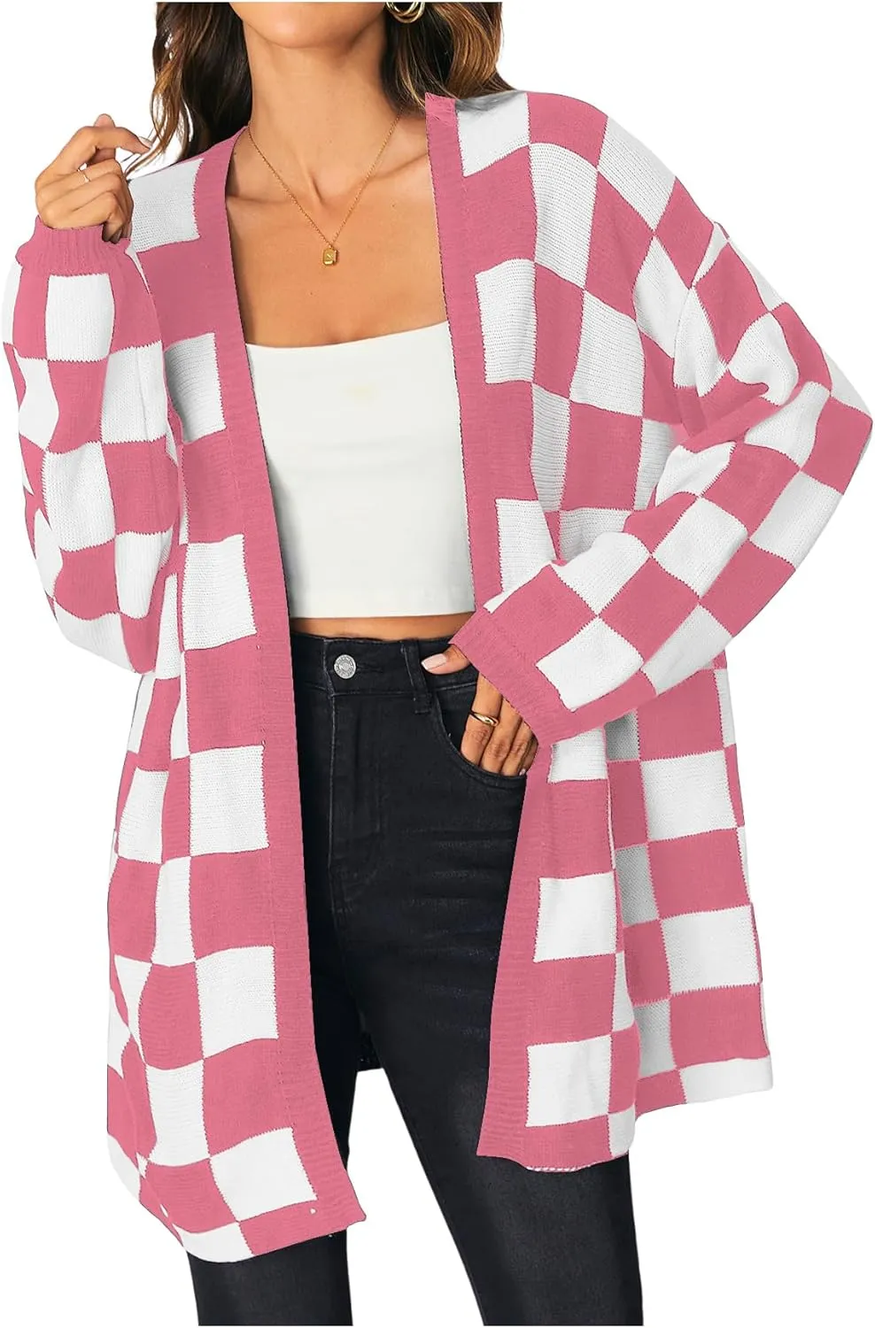 SOLY HUX Women's Long Sleeve Oversized Sweater Checkered Cardigan Open Front Outerwear Tops