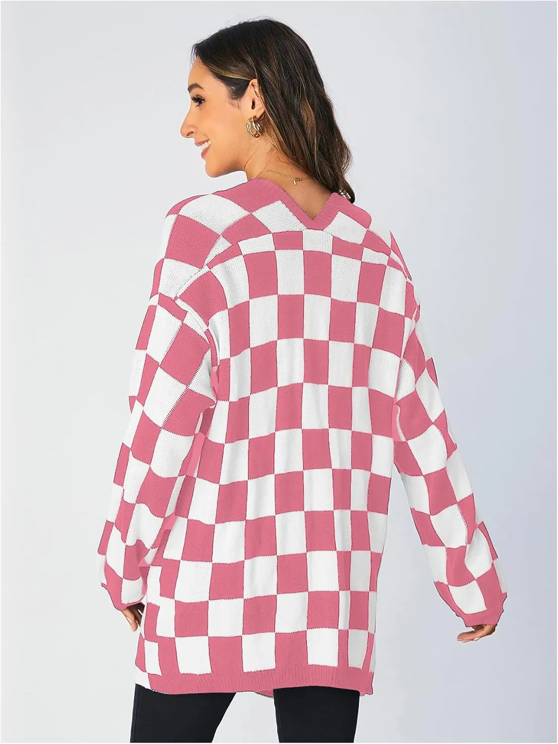 SOLY HUX Women's Long Sleeve Oversized Sweater Checkered Cardigan Open Front Outerwear Tops