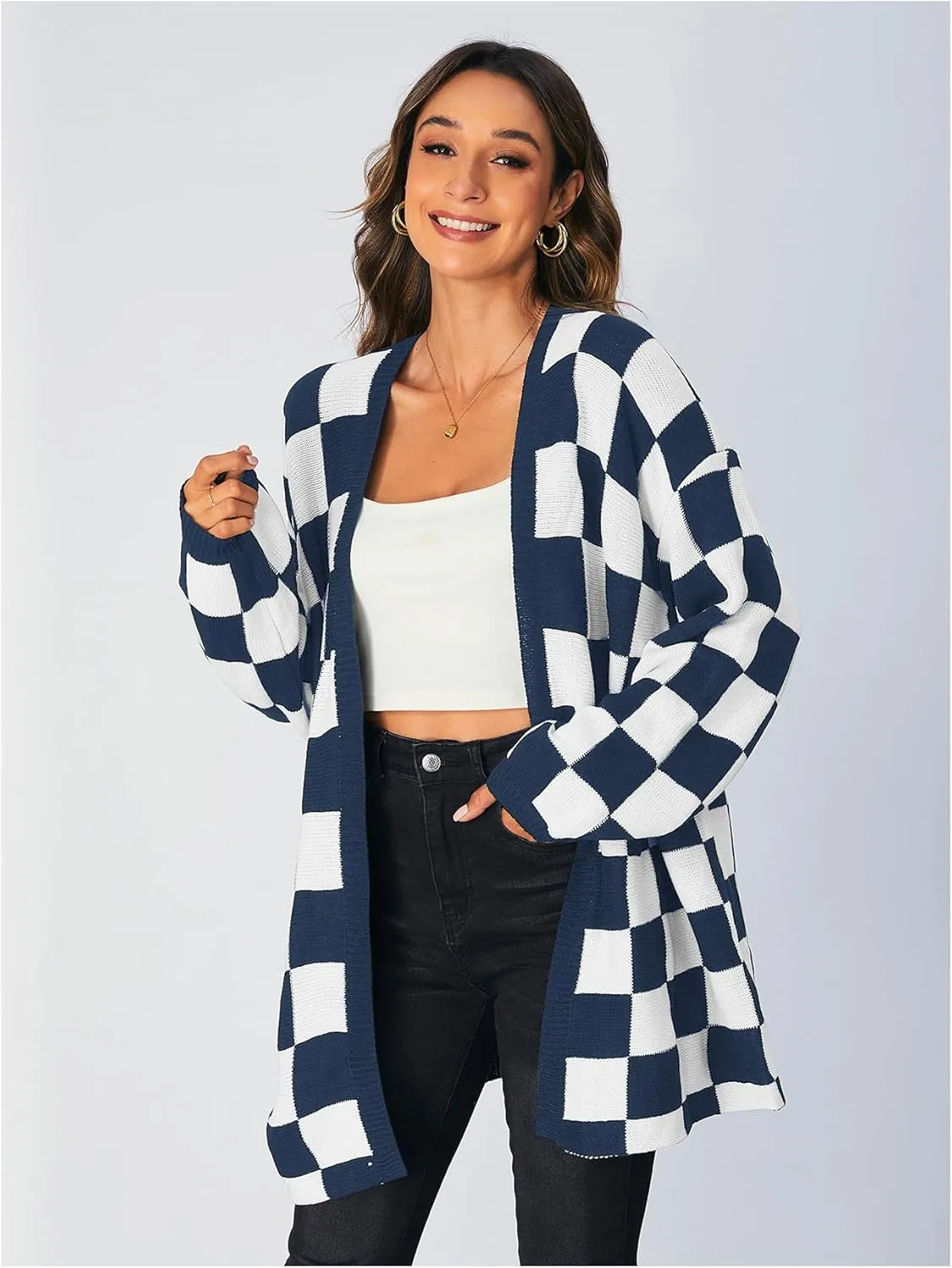 SOLY HUX Women's Long Sleeve Oversized Sweater Checkered Cardigan Open Front Outerwear Tops