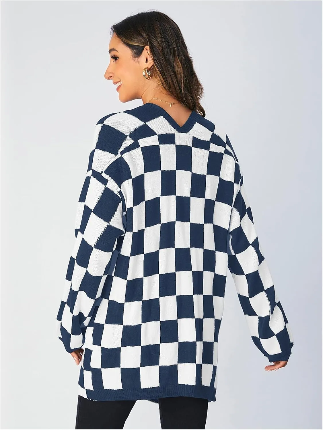 SOLY HUX Women's Long Sleeve Oversized Sweater Checkered Cardigan Open Front Outerwear Tops