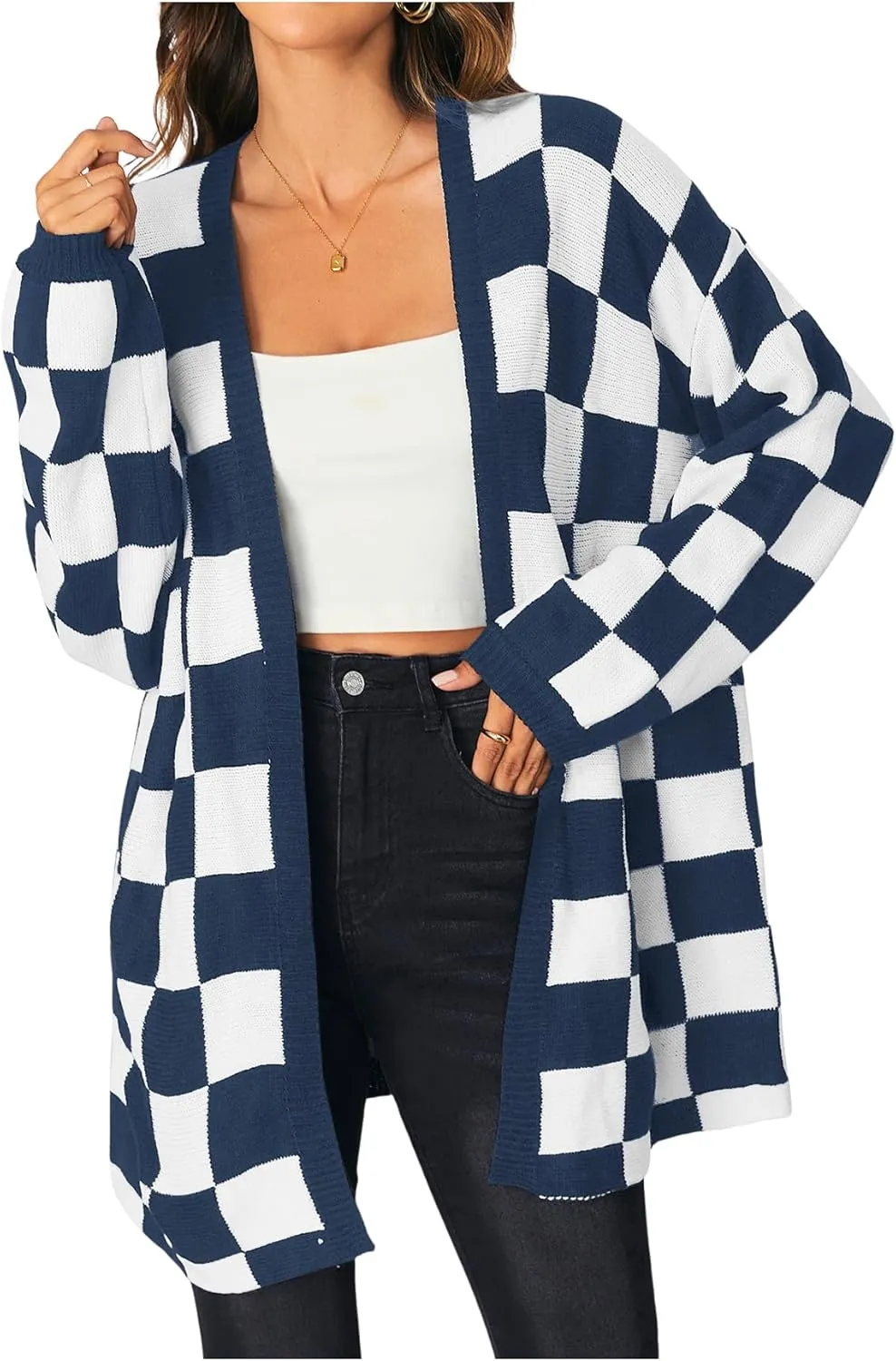 SOLY HUX Women's Long Sleeve Oversized Sweater Checkered Cardigan Open Front Outerwear Tops