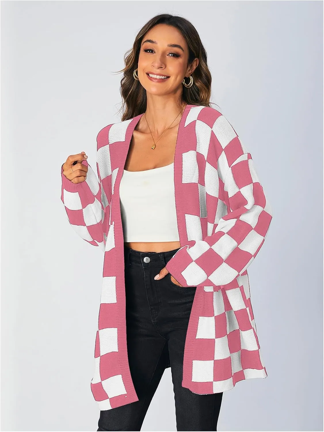 SOLY HUX Women's Long Sleeve Oversized Sweater Checkered Cardigan Open Front Outerwear Tops