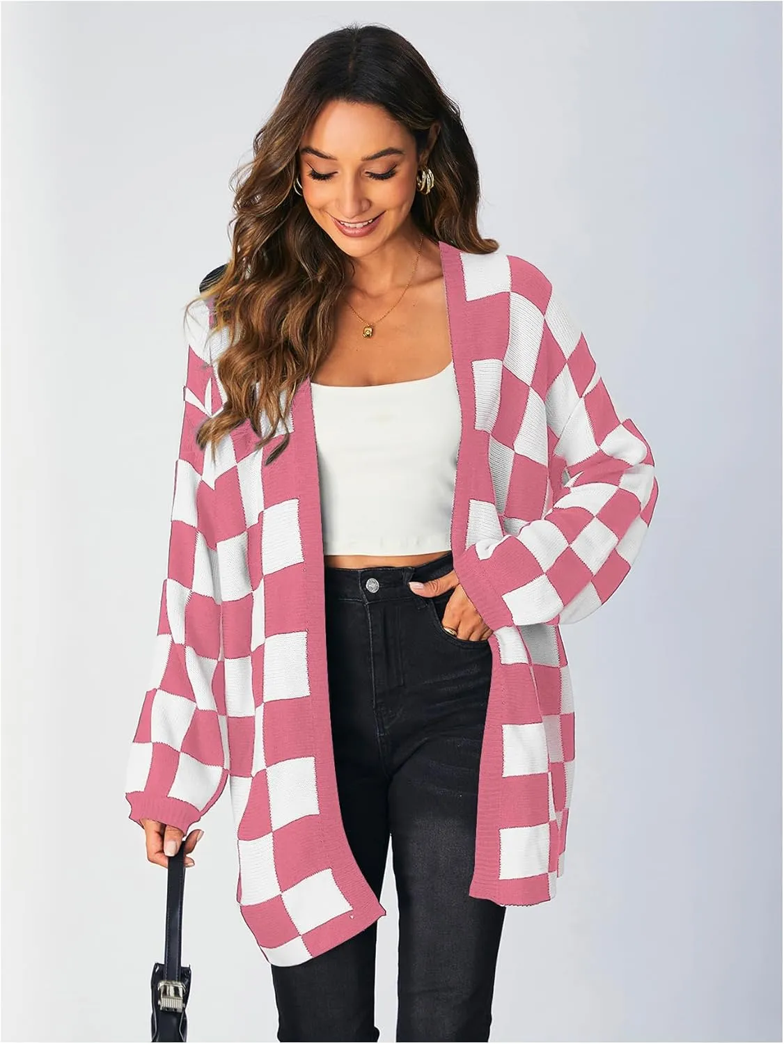SOLY HUX Women's Long Sleeve Oversized Sweater Checkered Cardigan Open Front Outerwear Tops