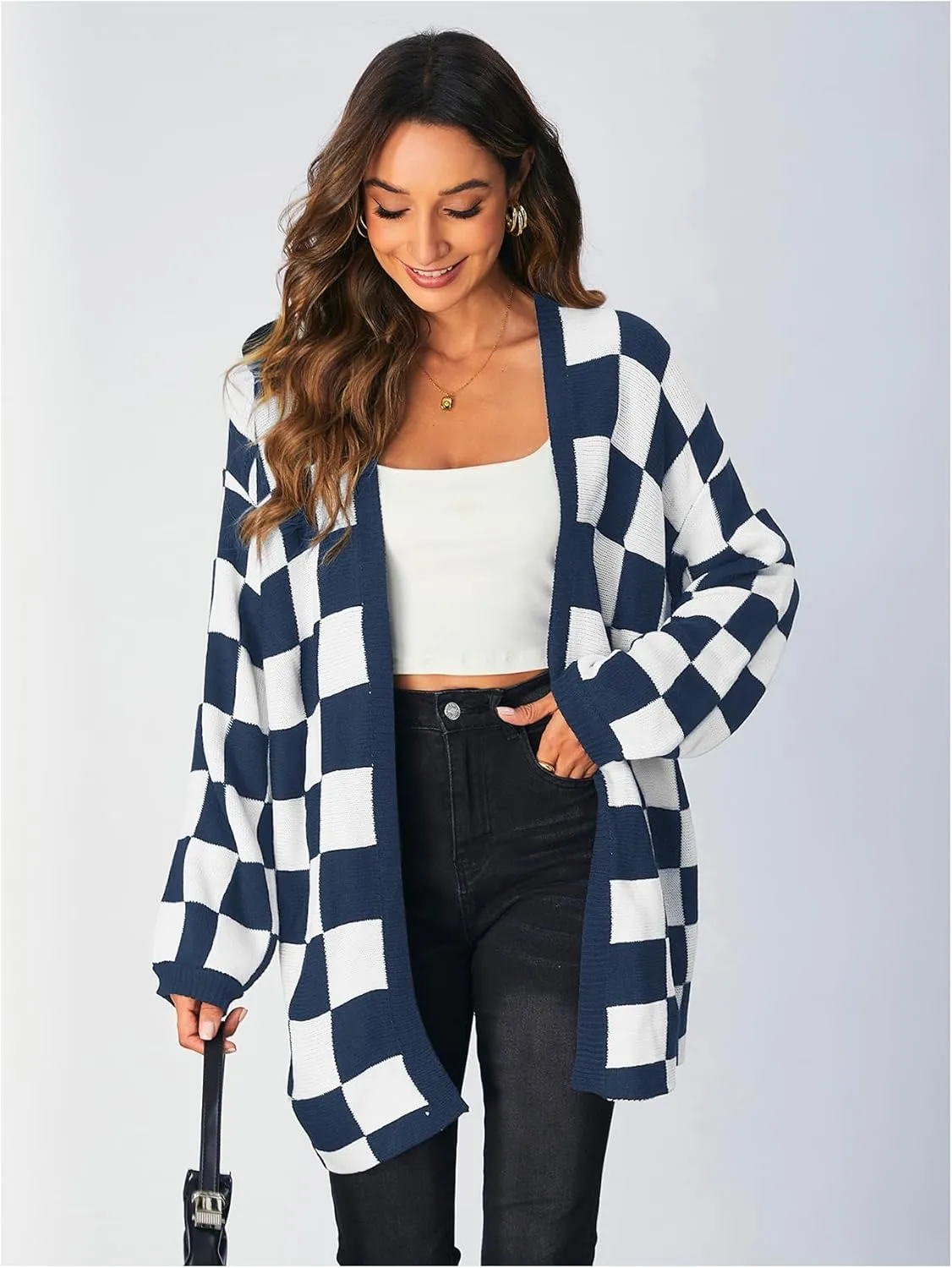 SOLY HUX Women's Long Sleeve Oversized Sweater Checkered Cardigan Open Front Outerwear Tops