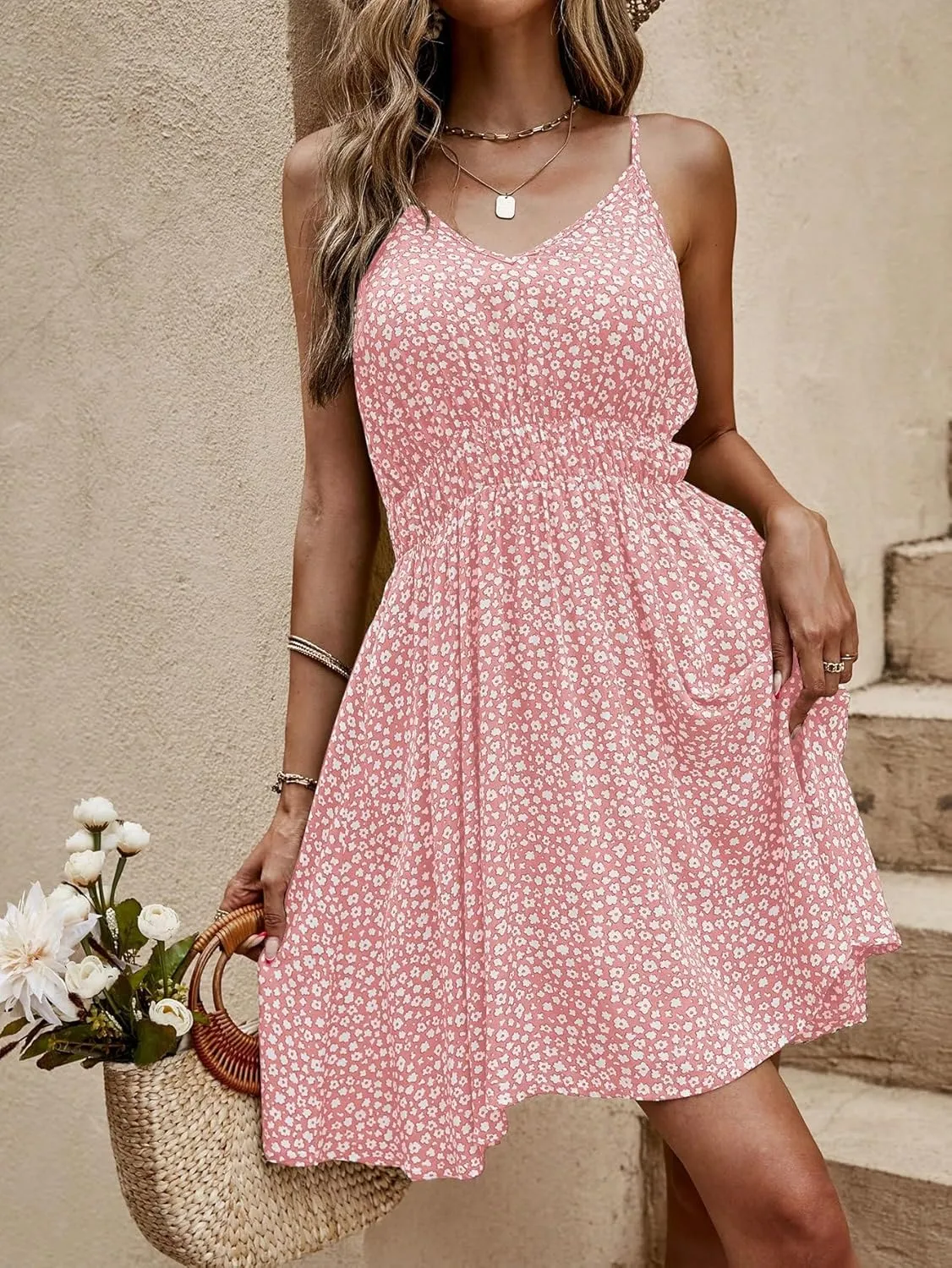 SweatyRocks Women's Boho Floral Print Spaghetti Strap Cami Dress Casual Flare Short Dresses