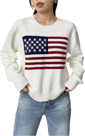 SweatyRocks Women's Flag Pattern Long Sleeve Round Neck Sweater Casual Loose Pullover Sweater