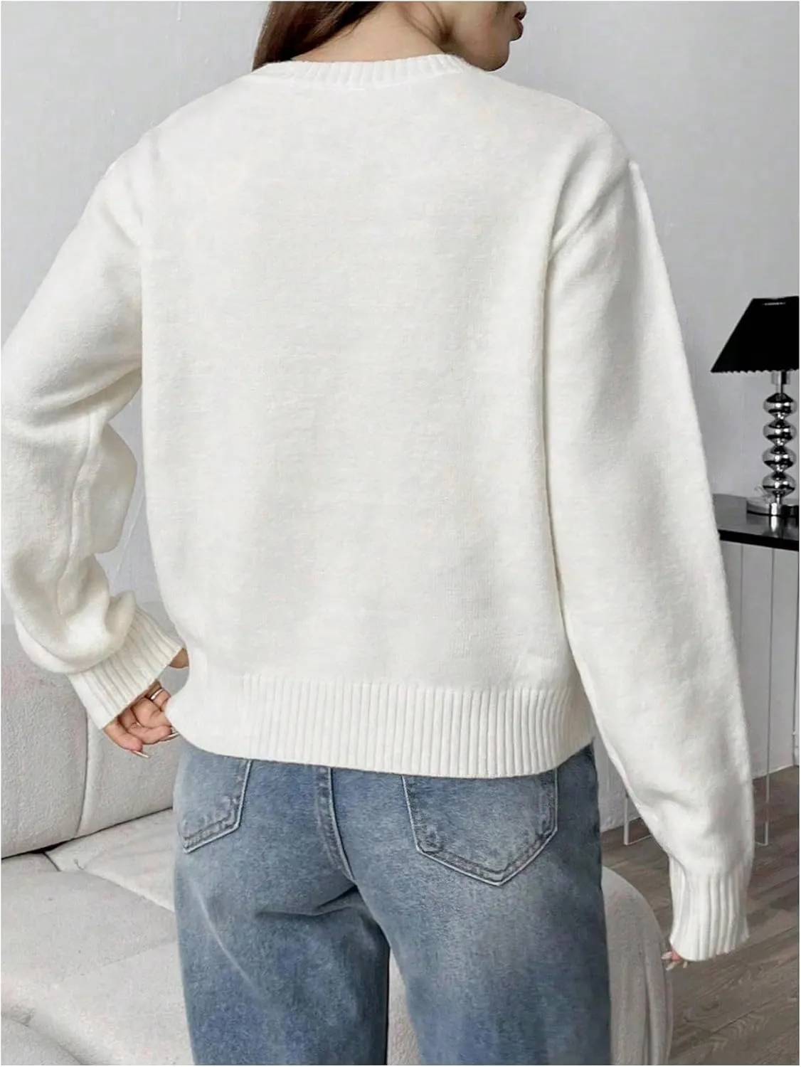 SweatyRocks Women's Flag Pattern Long Sleeve Round Neck Sweater Casual Loose Pullover Sweater