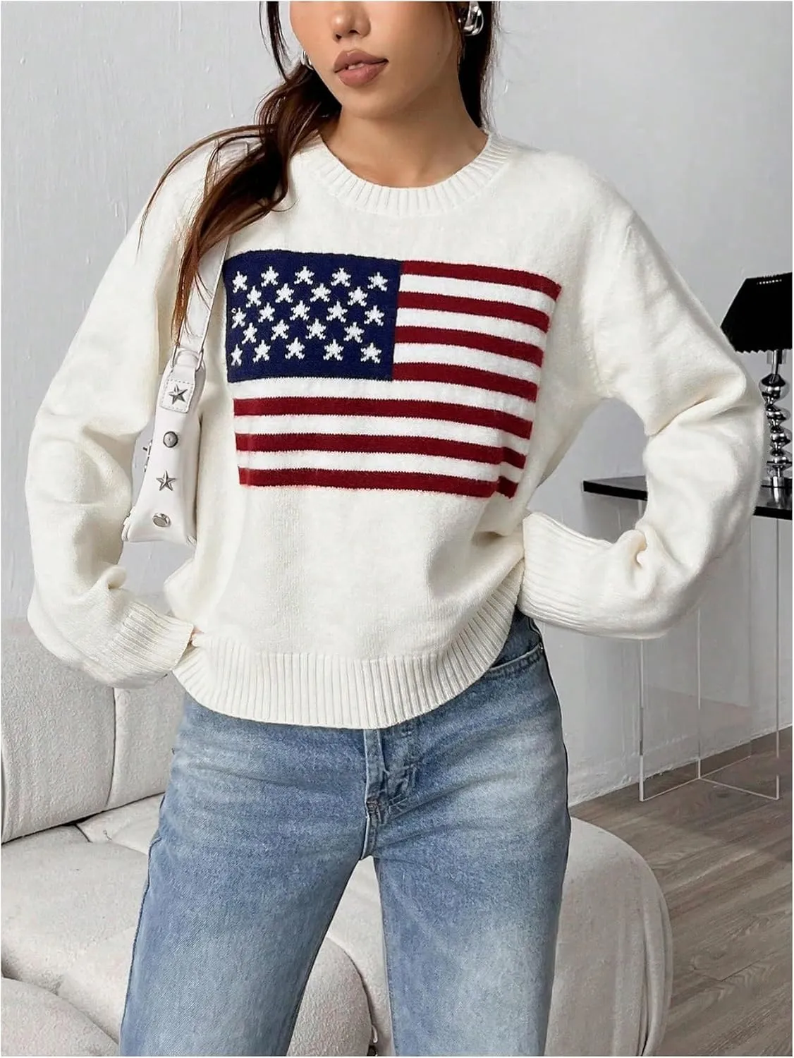 SweatyRocks Women's Flag Pattern Long Sleeve Round Neck Sweater Casual Loose Pullover Sweater