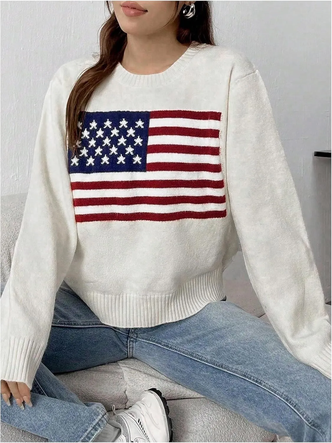 SweatyRocks Women's Flag Pattern Long Sleeve Round Neck Sweater Casual Loose Pullover Sweater