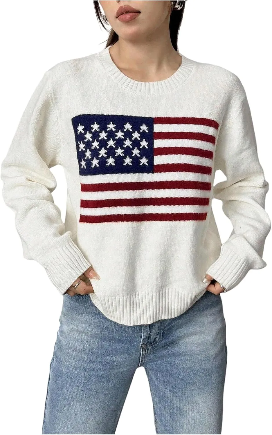 SweatyRocks Women's Flag Pattern Long Sleeve Round Neck Sweater Casual Loose Pullover Sweater