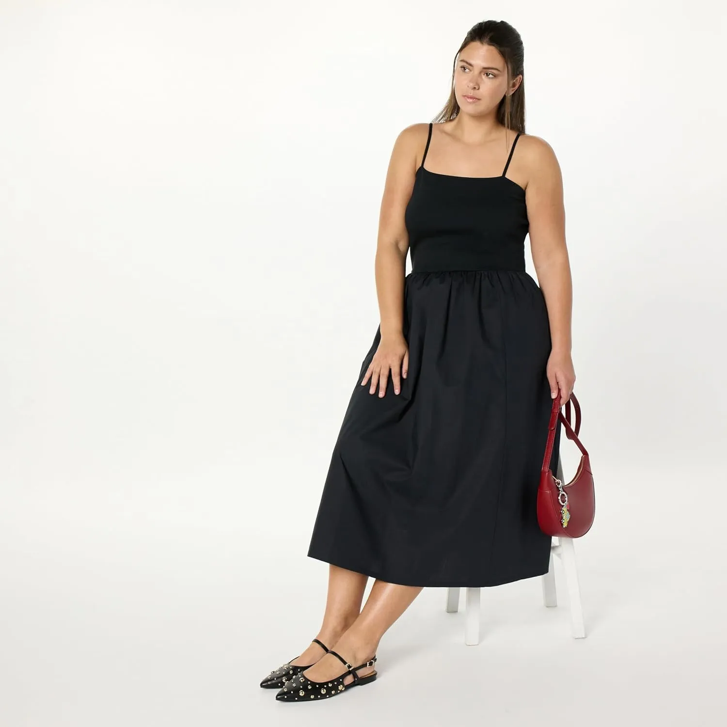 The Drop Women's Robyn Mixed Media Spaghetti Strap Midi Dress