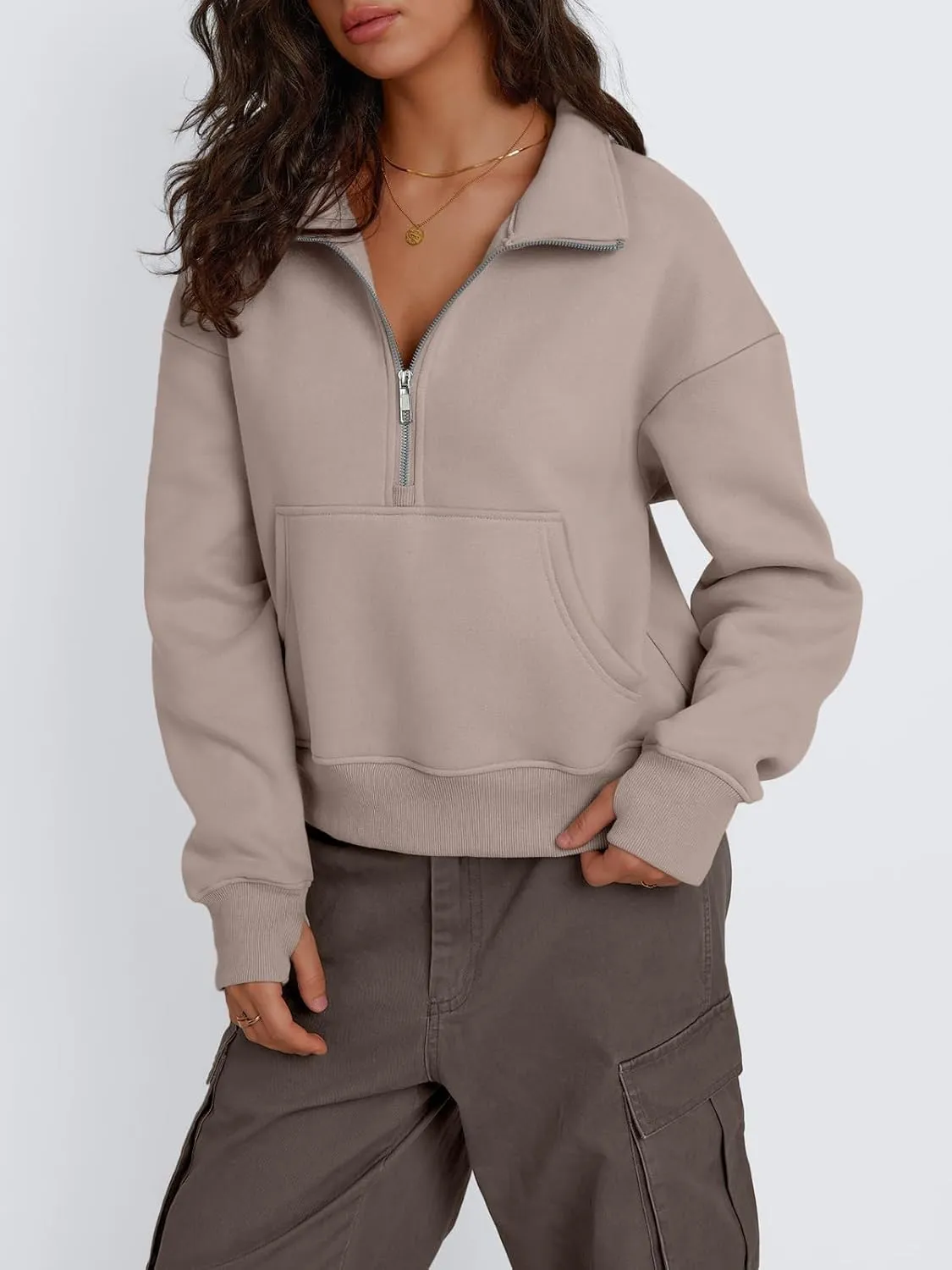 Trendy Queen Womens Sweatshirts Quarter Zip Pullover Oversized Cropped Sweater Fall Winter Hoodies