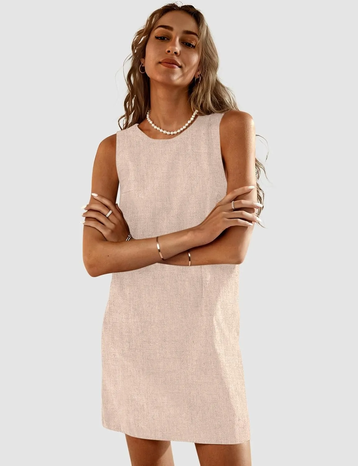 UEU Womens Summer Sleeveless Linen Mini Dress Casual Crew Neck Open Back Short Sundress with Pockets