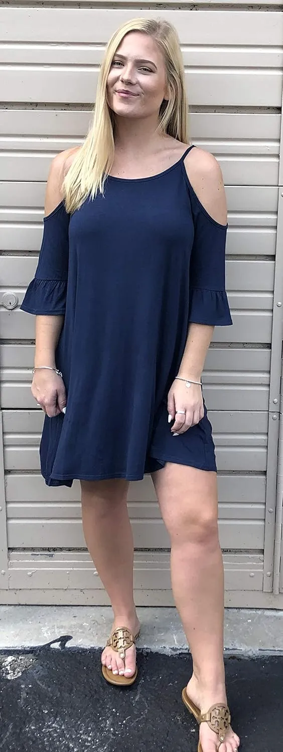 Umgee Women's Navy Cold Shoulder Ruffle Sleeve Mini Dress