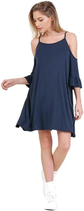 Umgee Women's Navy Cold Shoulder Ruffle Sleeve Mini Dress