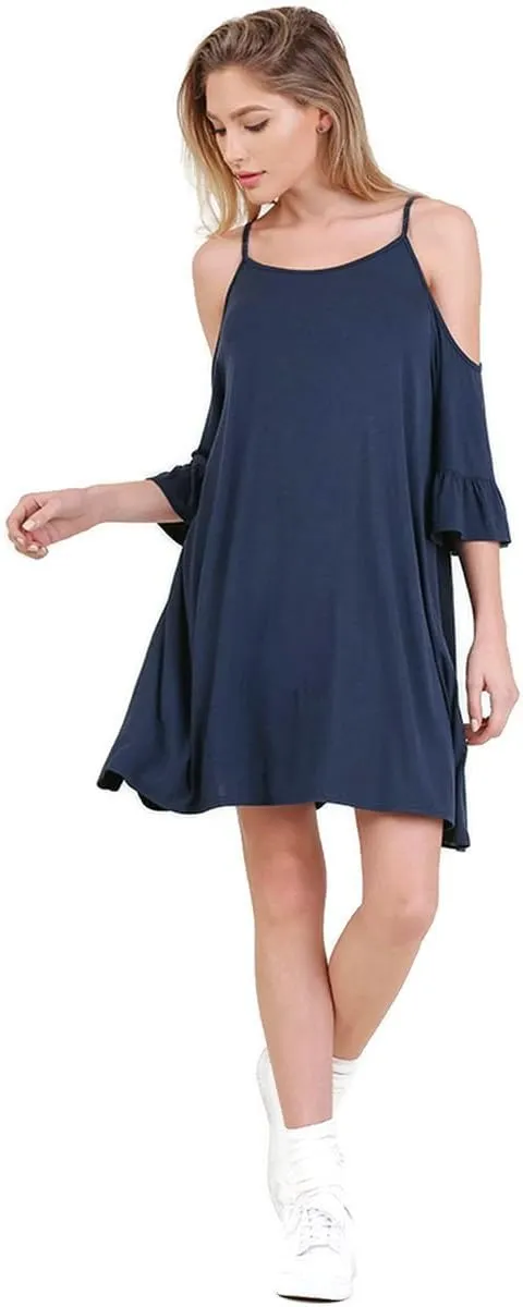 Umgee Women's Navy Cold Shoulder Ruffle Sleeve Mini Dress