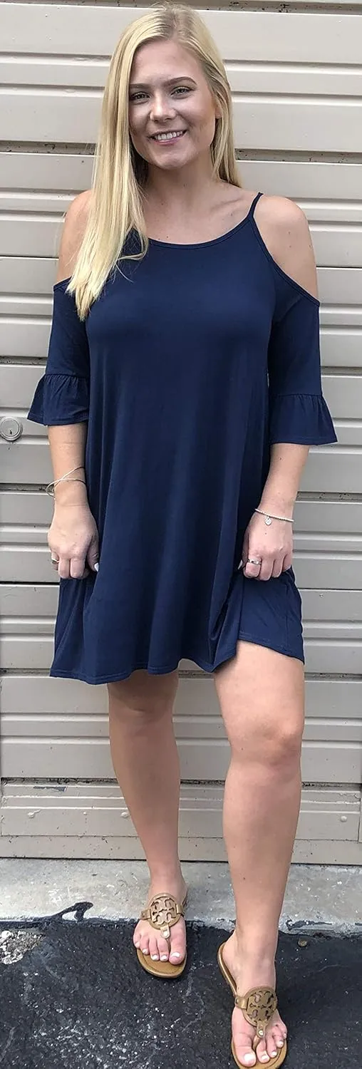 Umgee Women's Navy Cold Shoulder Ruffle Sleeve Mini Dress