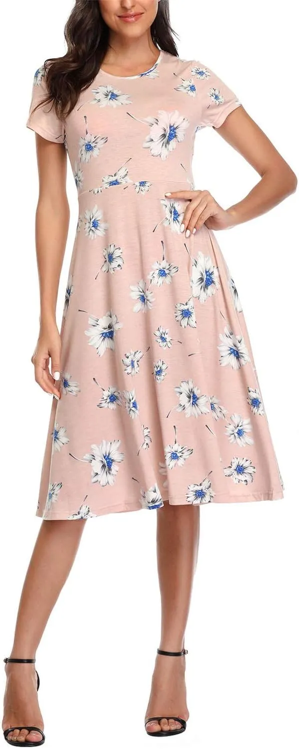 Urban CoCo Women's Floral Print Short Sleeve Flared Midi Dress