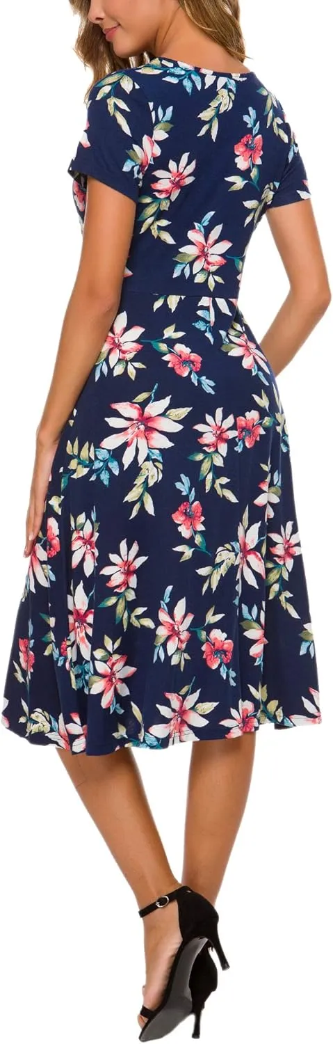Urban CoCo Women's Floral Print Short Sleeve Flared Midi Dress
