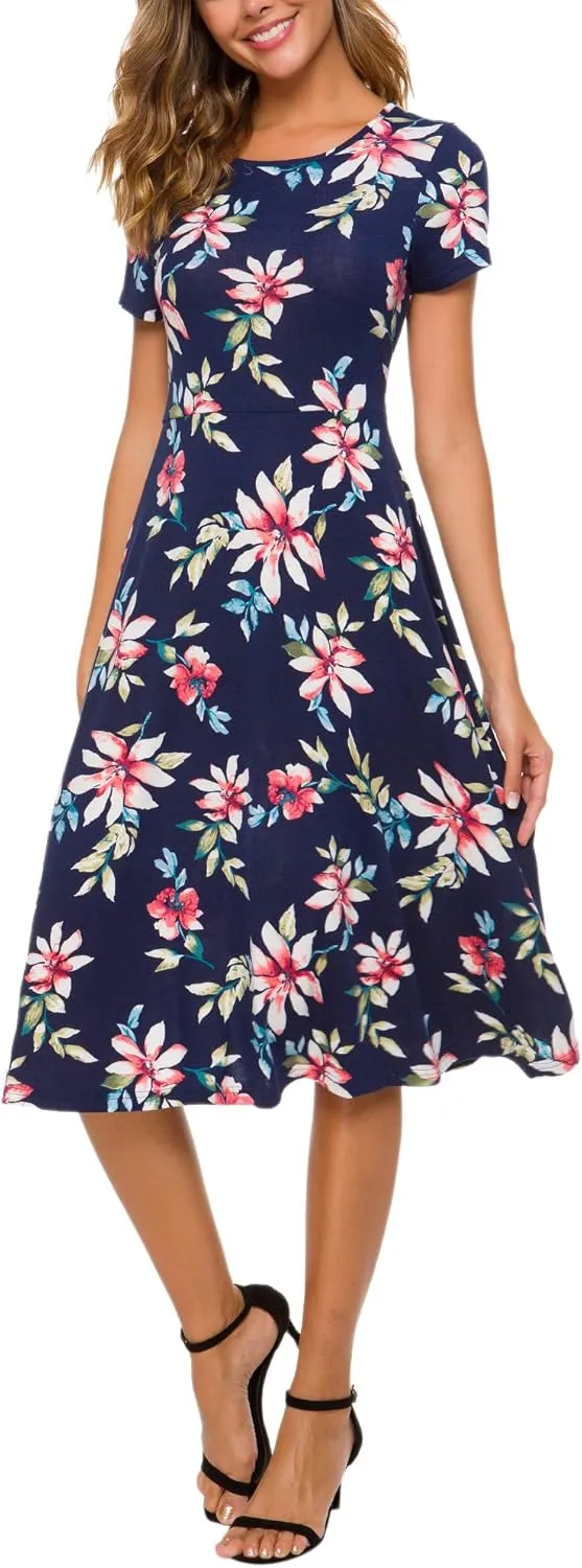 Urban CoCo Women's Floral Print Short Sleeve Flared Midi Dress