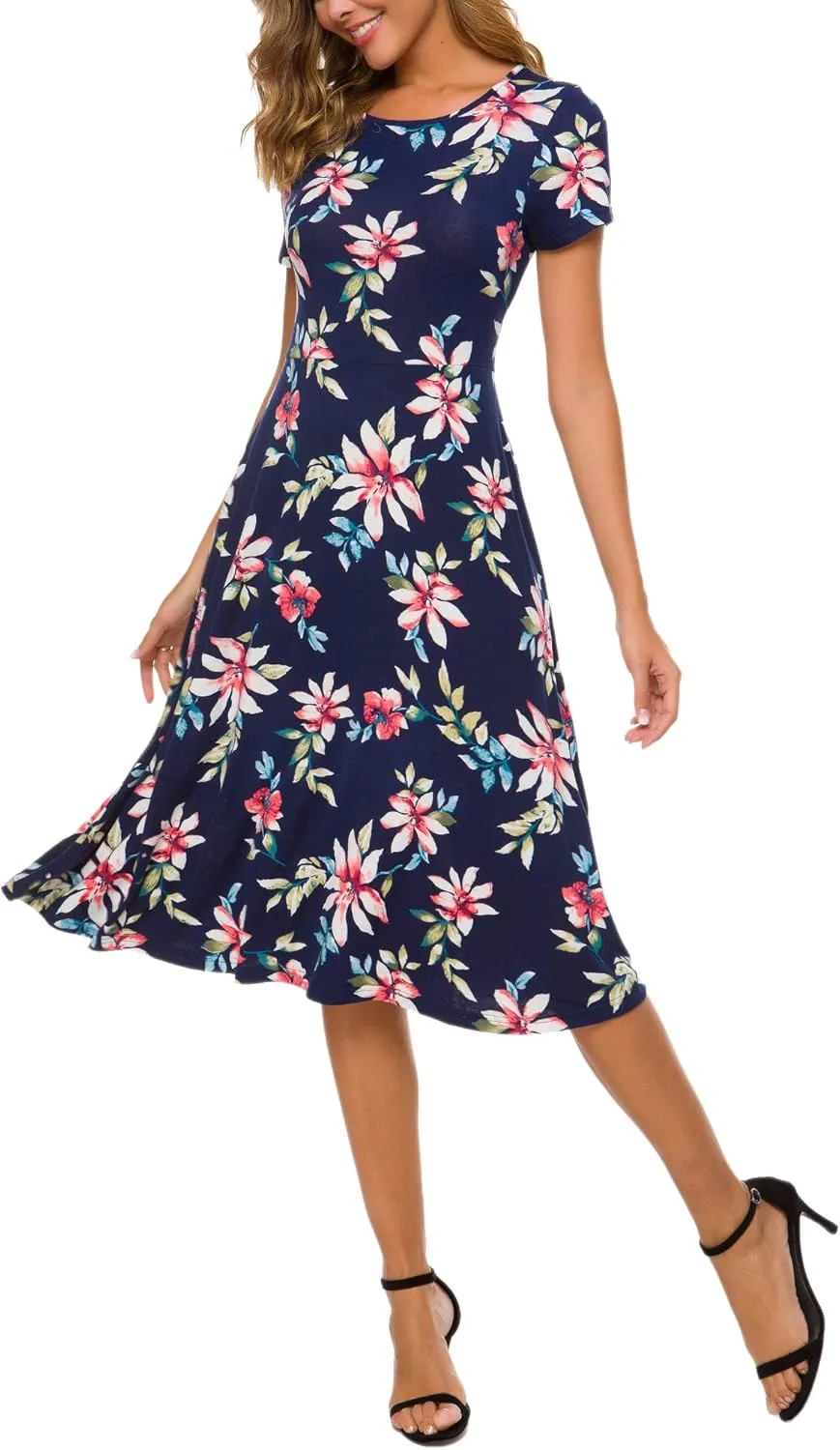 Urban CoCo Women's Floral Print Short Sleeve Flared Midi Dress