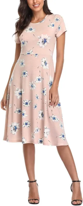 Urban CoCo Women's Floral Print Short Sleeve Flared Midi Dress