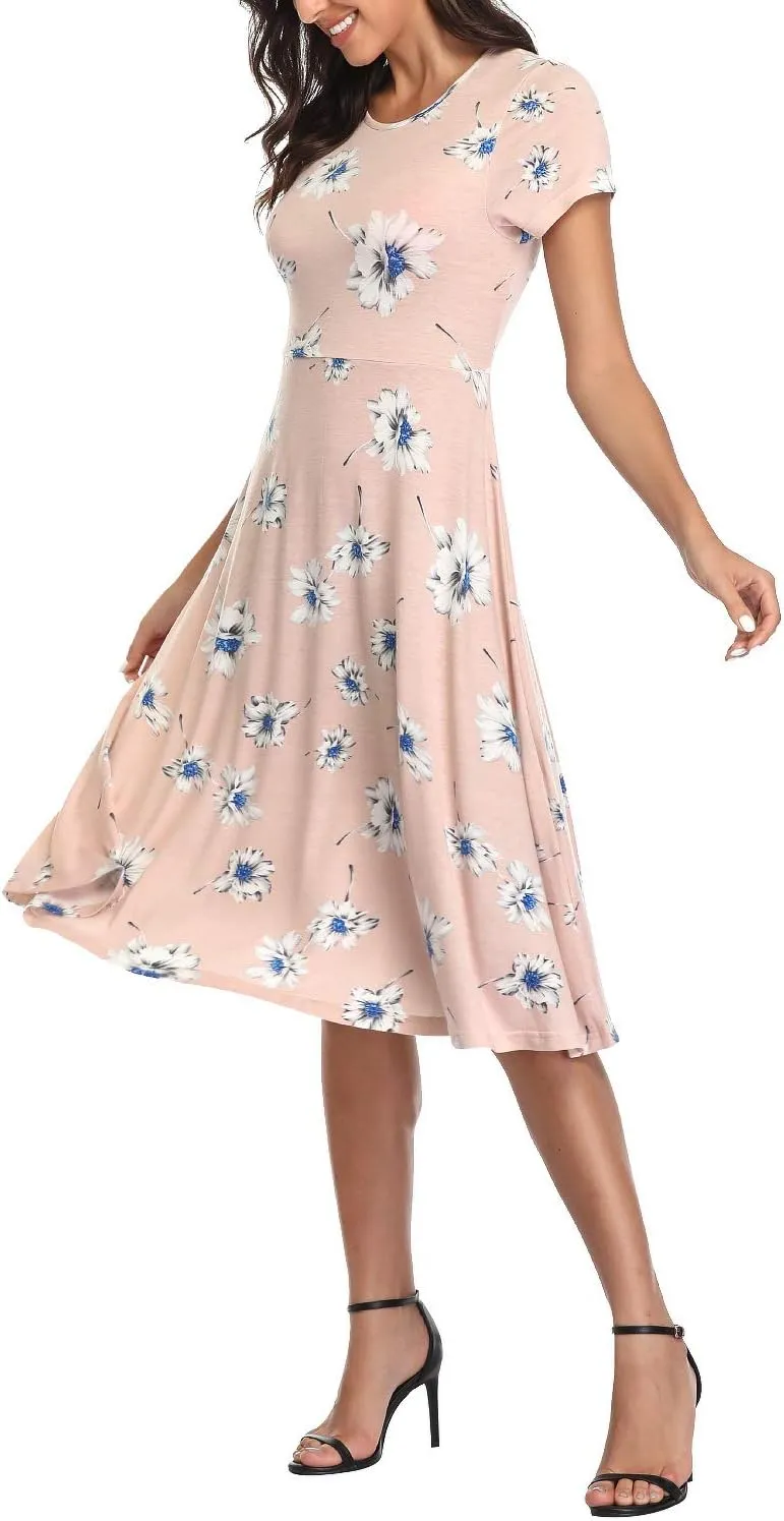 Urban CoCo Women's Floral Print Short Sleeve Flared Midi Dress