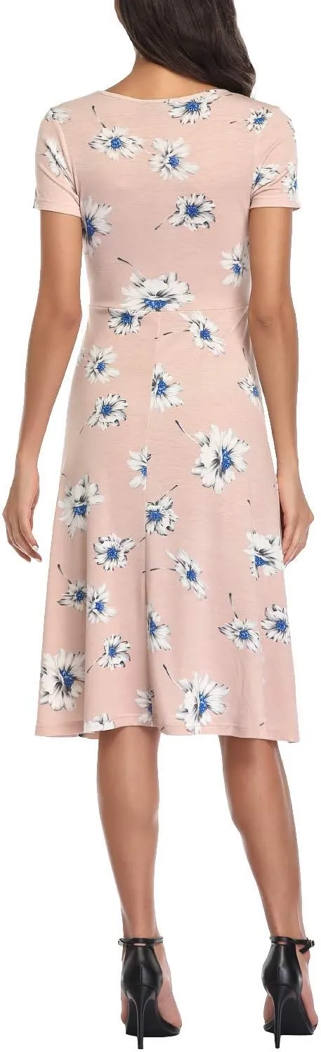 Urban CoCo Women's Floral Print Short Sleeve Flared Midi Dress