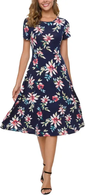 Urban CoCo Women's Floral Print Short Sleeve Flared Midi Dress