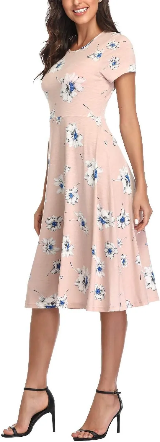 Urban CoCo Women's Floral Print Short Sleeve Flared Midi Dress