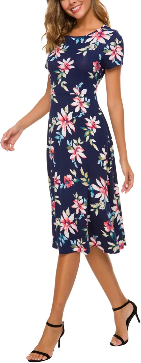 Urban CoCo Women's Floral Print Short Sleeve Flared Midi Dress