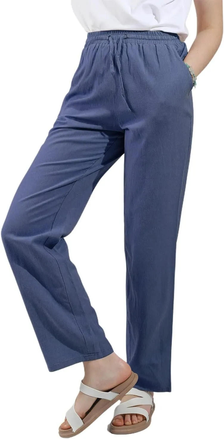 utcoco Womens Linen Pants Casual Straight Fit Elastic Waisted Drawsting Trousers with Pockets