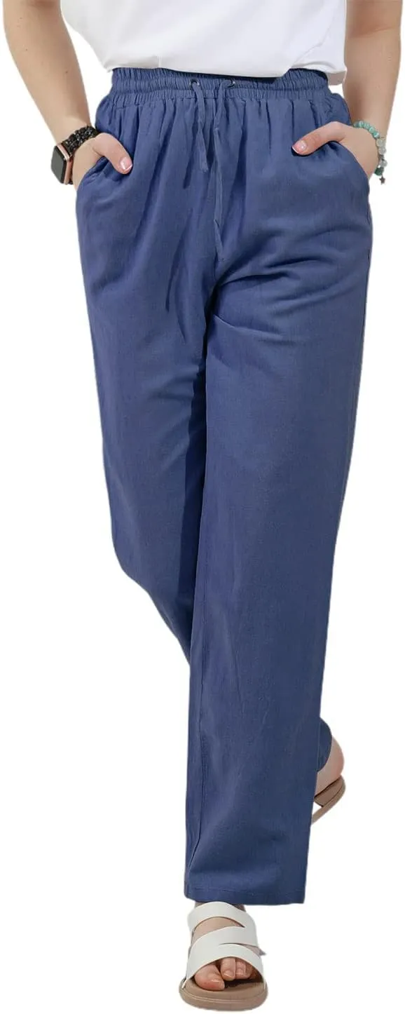 utcoco Womens Linen Pants Casual Straight Fit Elastic Waisted Drawsting Trousers with Pockets