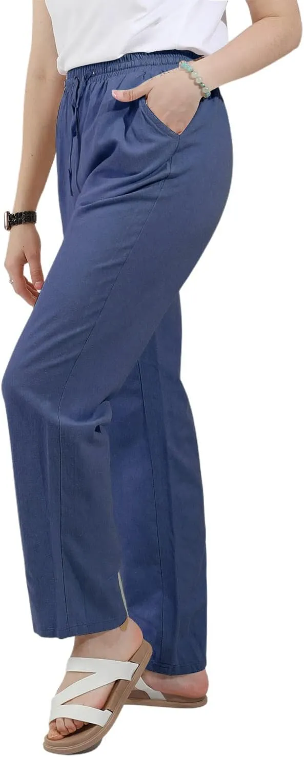 utcoco Womens Linen Pants Casual Straight Fit Elastic Waisted Drawsting Trousers with Pockets