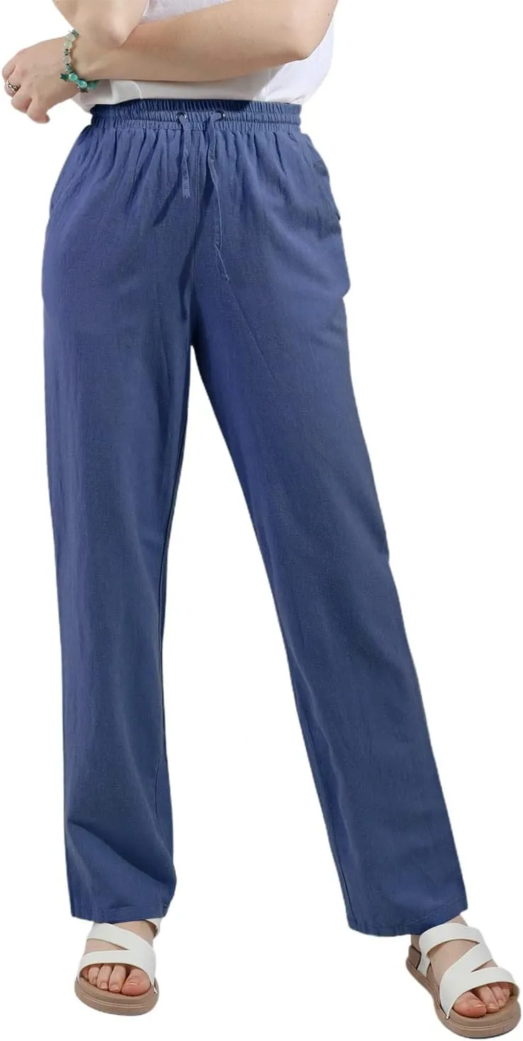 utcoco Womens Linen Pants Casual Straight Fit Elastic Waisted Drawsting Trousers with Pockets