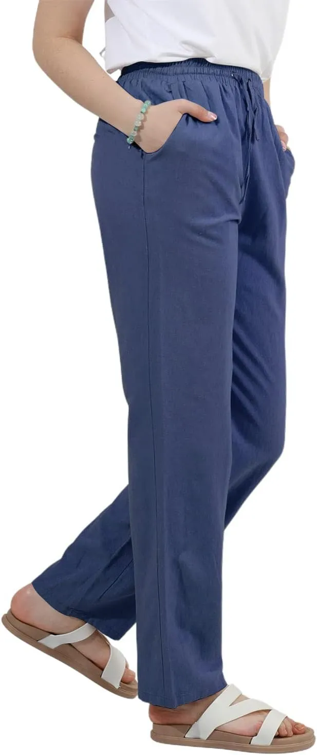 utcoco Womens Linen Pants Casual Straight Fit Elastic Waisted Drawsting Trousers with Pockets