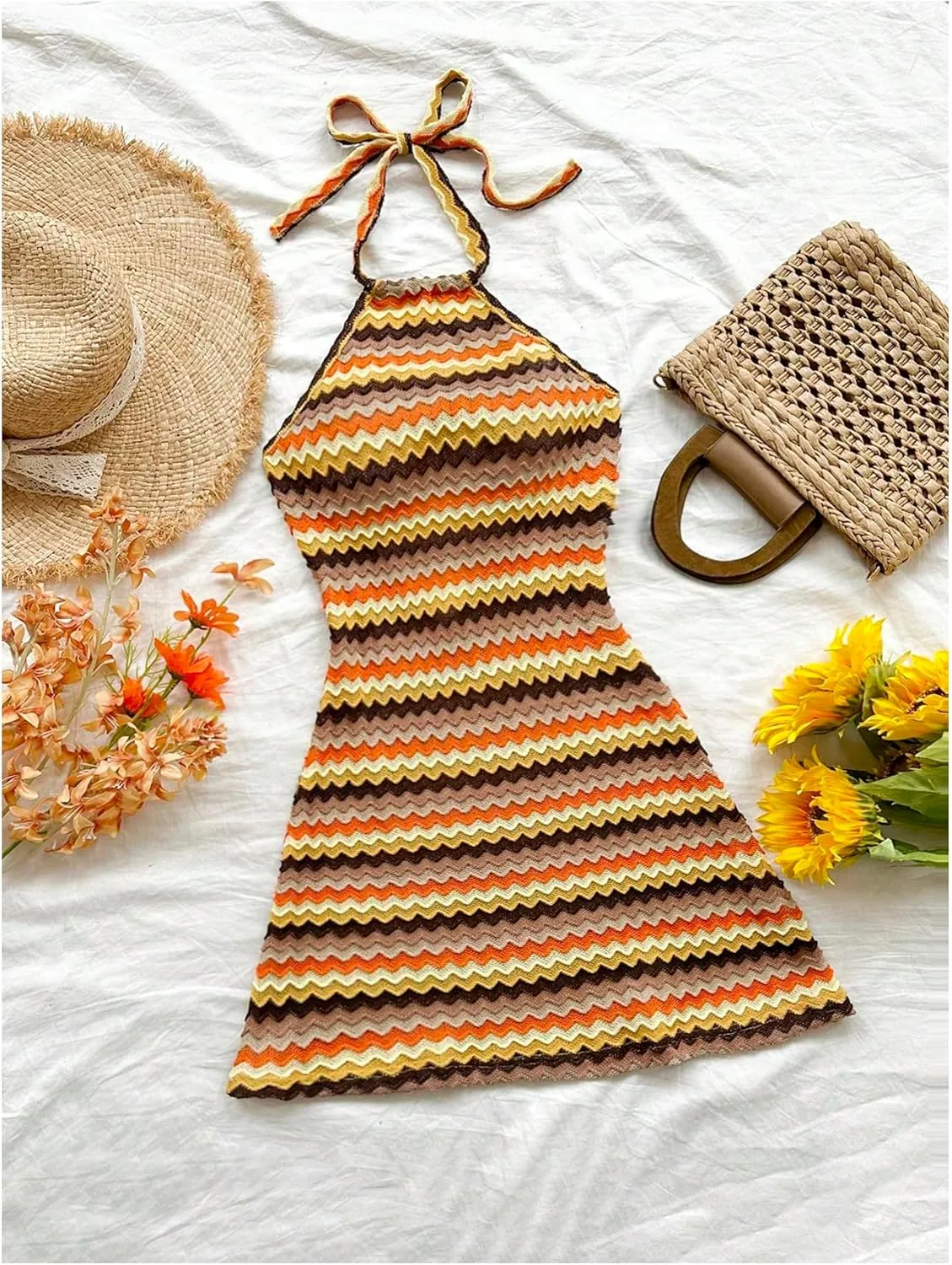 Verdusa Women's Boho 70s Cami Dress Striped Halter Backless Fitted Mini Dress