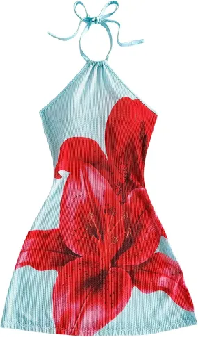 Verdusa Women's Boho 70s Cami Dress Striped Halter Backless Fitted Mini Dress