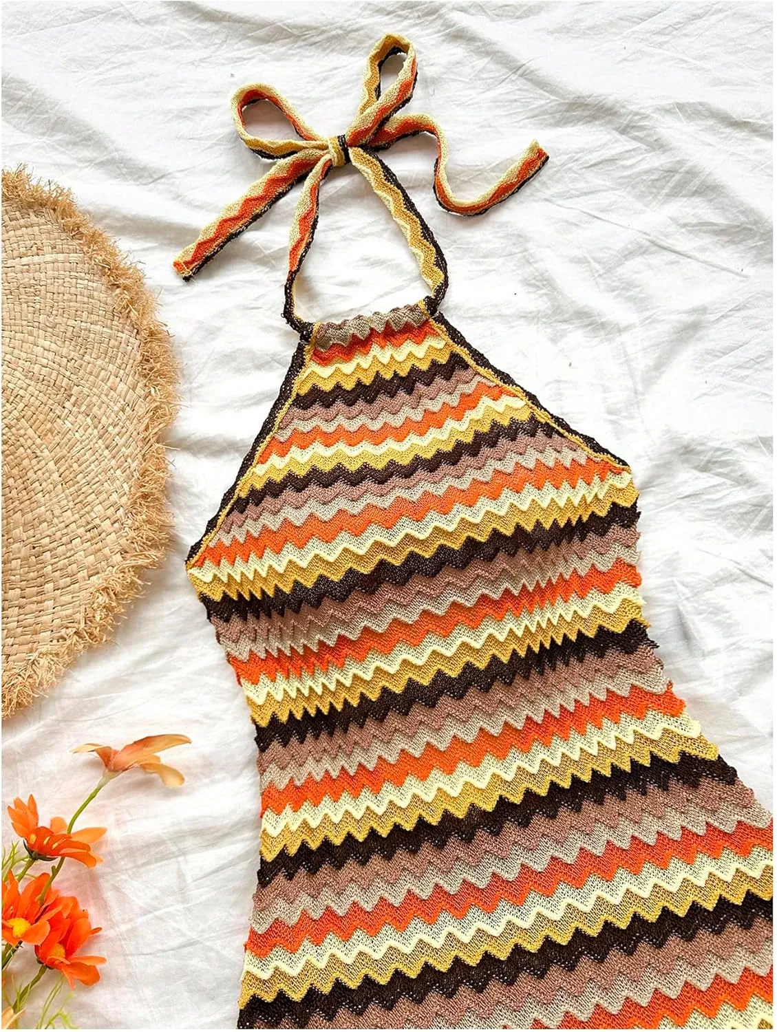 Verdusa Women's Boho 70s Cami Dress Striped Halter Backless Fitted Mini Dress