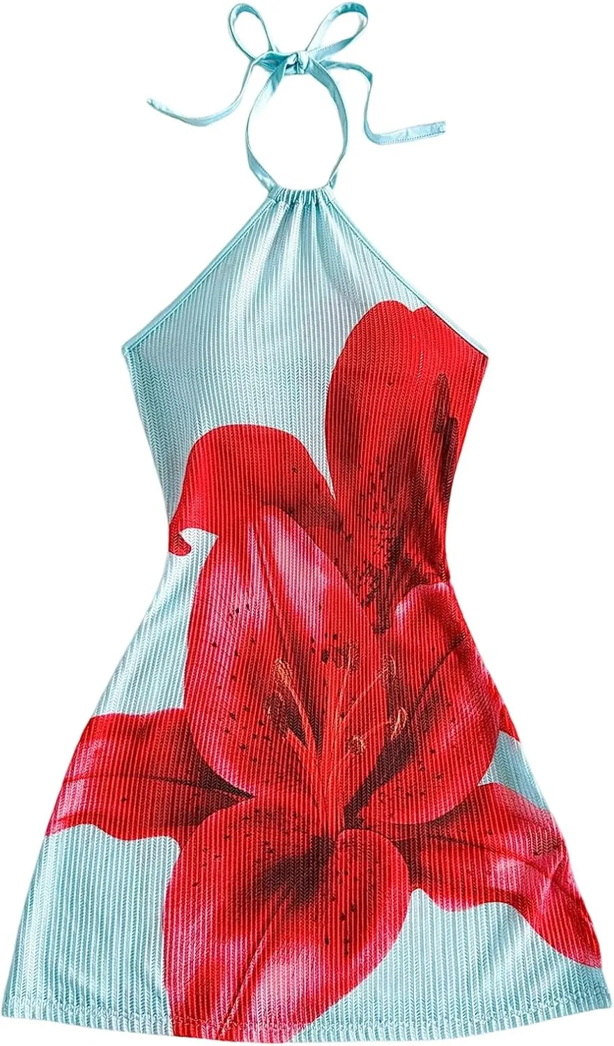 Verdusa Women's Boho 70s Cami Dress Striped Halter Backless Fitted Mini Dress